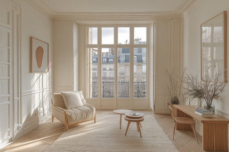 A bright and airy living room in an apartment with white walls, parquet flooring, an open door to the hallway, a large window overlooking Parisian buildings, minimal furniture including a beige armchair and a wooden side table, wall art featuring abstract shapes, a modern vase of flowers on a desk, soft lighting from a ceiling light, and a minimalistic, serene atmosphere. --ar 3:2 --stylize 750 --v 6.1 Job ID: 2548b806-f442-4710-901c-19079921f5c3の素材