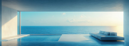 A large living room with floor-to-ceiling windows overlooking the sea, white walls and light blue floors, minimal furniture, a sofa on one side of an empty wall, bright natural lighting from outside, a modern minimalist style, high-resolution photography, realistic details, professional color grading, soft shadows without contrast, clean sharp focus, no grainy textures, and no harsh highlights. --ar 14:5 --stylize 750 --v 6.1 Job ID: d2e60fea-a092-4c6f-bf9e-e3059b61fd71の素材