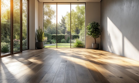 A large, empty room with light gray walls and a wooden floor. A glass door on the left side of the wall leads to a garden outside. The interior design is modern architecture, with a white background, high-resolution photography, professional color grading, soft shadows, low contrast, and clean, sharp focus. The image has been expertly retouched, and it is a stock photo with a simple composition and natural colors. --ar 5:3 --stylize 750 --v 6.1 Job ID: a19422a5-4a63-4dcd-92d0-51b20a7b1b06の素材