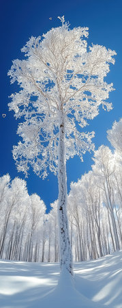 A large area of white snow, with dense trees covered in rime flowers on the sides and front, forming heart shapes in the sky. The blue background is a high-definition photograph of high resolution. --ar 2:5 --stylize 750 --v 6.1 Job ID: e1f237ee-5d26-4175-86e5-409b31224312の素材