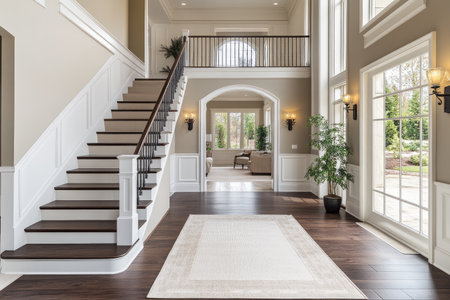 A large, elegant entryway with a white staircase and dark wood floors in an upscale home interior design. --ar 3:2 --stylize 750 --v 6.1 Job ID: e5e39518-752e-4bba-a295-b4ec66505357の素材