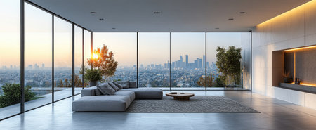 A large living room with floor-to-ceiling windows, white walls and grey floors, geometric patterns on the carpet, modern furniture in grey tones, a sofa facing wall panels made of glass, a cityscape outside the window, bright light from sunlight streaming through the shades, a minimalist interior design style. --ar 73:30 --stylize 750 --v 6.1 Job ID: 2b2a3408-0143-4d56-8704-848370e747b0の素材