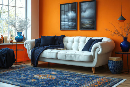 A living room with an orange wall, white sofa, and a blue vase on the table. The couch is covered in a dark navy blanket, and there are also some wooden side tables. There is artwork hanging above it and other home decor items around the space. It has warm lighting and is well-lit with natural light coming from the windows. --ar 3:2 --stylize 750 --v 6.1 Job ID: 30b5e11a-24da-4a2f-8525-014d61f7036fの素材