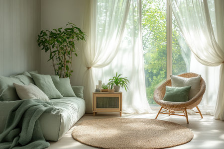 A living room in an apartment with white walls, large windows, and sheer curtains. The sofa is gray-green, the coffee table has green accents, there's a small sideboard under one of them, and a neutral-colored rug on top of it. There's also a comfortable armchair in the corner, with soft cushions for sitting, and decorative pillows scattered around. In front of the window stands a plant stand holding several plants. It seems to be in France or Europe. --ar 3:2 --stylize 750 --v 6.1 Job ID: e1f98d2d-672a-4268-807e-0913fcff494fの素材