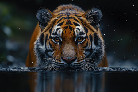 A majestic tiger, its focused eyes, stands in the dark water, gazing at the camera. This wildlife photography captures a close-up portrait, taken with a telephoto lens at an aperture of f/4 to create a shallow depth of field. HDR techniques were used to capture the detailed textures and colors, with soft lighting creating an atmospheric scene. --ar 3:2 --stylize 750 --v 6.1 Job ID: 152495e8-10e5-4778-8c7d-e076ef643690の素材