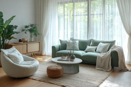 A living room in an apartment with white walls, large windows, and sheer curtains. The sofa is gray-green, the coffee table has green accents, there's a small sideboard under one of them, and a neutral-colored rug on top of it. There's also a comfortable armchair in the corner, with soft cushions for sitting, and decorative pillows scattered around. In front of the window stands a plant stand holding several plants. It seems to be in France or Europe. --ar 3:2 --stylize 750 --v 6.1 Job ID: e1f98d2d-672a-4268-807e-0913fcff494fの素材