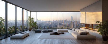 A modern apartment with floor-to-ceiling windows, geometric patterns on the carpet and sofa, white walls, gray wooden flooring, a city view outside, geometric shapes, white background, cool tones, bright lighting, high resolution, interior design photography, interior decoration magazine style. --ar 73:30 --stylize 750 --v 6.1 Job ID: a3253d7c-93dc-49e3-8c9f-59078cb1e1e2の素材