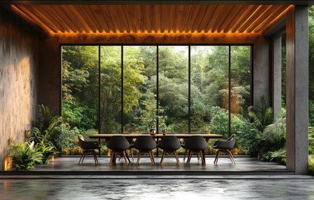 A mockup of an empty wall in the interior, behind it is a large wooden slat ceiling, and on one side there's a dining table with chairs around it. The room has concrete walls and green plants, creating a minimalist yet cozy atmosphere. --ar 47:30 --stylize 750 --v 6.1 Job ID: 52e21183-f03c-4632-ad26-8e970a4ce93cの素材