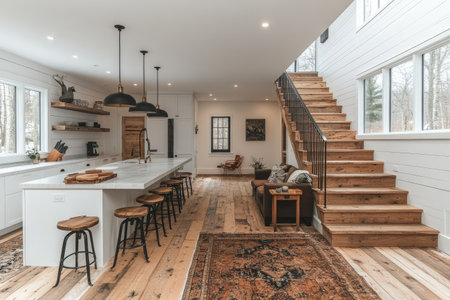A modern farmhouse basement with white walls, natural wood floors, and black pendant light fixtures. There is an open kitchen island on the left side of the picture with bar stools around it. Stairs to the second floor are in the background. The space has high ceilings. This is a wide shot showing the entire room. --ar 3:2 --stylize 750 --v 6.1 Job ID: b10c0044-5e60-4d56-8403-3626a5fe62ccの素材