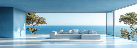 A modern living room with floor-to-ceiling windows, light blue walls, and white floors. A sofa is centered in the frame, facing the camera. A large window overlooks a sea view, creating a minimalist, sparsely furnished space bathed in bright daylight. This high-resolution, ultra-realistic, cinematic photograph has a distinct, almost cinematic quality. --ar 14:5 --stylize 750 --v 6.1 Job ID: dff3bd7d-1d18-4558-a467-ba93d2cd121cの素材