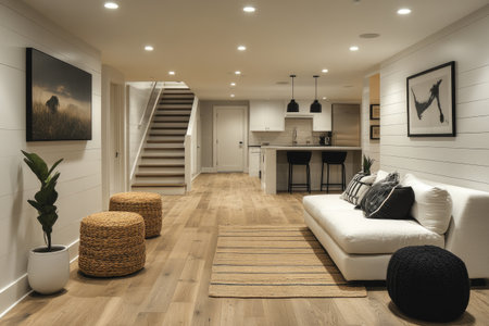 A modern farmhouse basement with white walls, hardwood floors, and black accents. The open kitchen leads into the dining area, which features barstools. One side of the room has stairs leading up to the upper level. The wide shot showcases the entire space. --ar 3:2 --stylize 750 --v 6.1 Job ID: c030f385-2b96-4bb5-bf4c-382bd4d928e1の素材