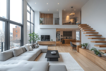 A modern living room with a staircase, white walls, and a wood floor. The room features a grey sofa, a black TV table, and a grey armchair. A large window on the side of the space provides natural lighting, and wooden stairs lead to the second level. A large light fixture hangs from the ceiling, and a wooden desk sits in the corner with some plants. The image appears to be a professional photograph. --ar 3:2 --stylize 750 --v 6.1 Job ID: ac7af42d-723a-42cd-aed3-a91d6756cbf3の素材