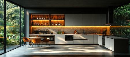 A modern kitchen with white cabinets, gray walls, and wood accents, featuring an island table in the center of the room. The open shelving is filled with glass bottles containing various oil products, while ambient lighting adds to its sleek design. A comfortable dining area on one side contains chairs for sitting during mealtime. In front of it stands a barstool that complements the overall aesthetic. Outside, through large windows, lies lush greenery, adding natural beauty to the scene. --ar 34:15 --stylize 750 --v 6.1 Job ID: 43dcd794-1669-4410-9522-1db8c1bb8da6の素材