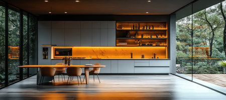 A modern kitchen with white cabinets, gray walls, and wood accents. The countertop is made of light oak. A large dining table sits in the center, surrounded by chairs that resemble armchairs. On one side, there's an island counter for cooking and eating at the same time. Shelves on the wall behind the sink hold glass bottles and vases. In the background, you can see trees outside through the window. The lighting casts warm hues across the room, creating a cozy atmosphere. --ar 34:15 --stylize 750 --v 6.1 Job ID: d0698b6e-29da-4d1a-8037-fd43646a023fの素材