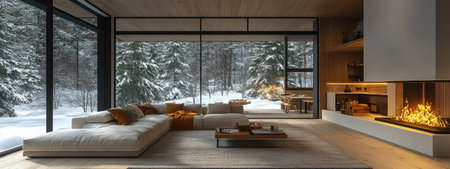 A modern Scandinavian interior of the living room in a chalet with a fireplace, white walls, and a light wood floor. The room features a large sofa, a kitchenette on one side of the space, and a large window overlooking a winter landscape. The room has black frames and modern architecture, with a photorealistic rendering and high-resolution photography. --ar 8:3 --stylize 750 --v 6.1 Job ID: 9bdb6e9e-3bbc-4f1c-9457-8ef7a32f93c1の素材