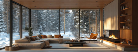 A modern Scandinavian interior of the living room in an open-plan house with white walls, a light gray sofa, and a black fireplace. Wooden cabinets line one wall, and modern chairs surround a coffee table. The wooden ceiling and large panoramic windows offer a view of the winter landscape, bathed in bright daylight. Photorealistic rendering. --ar 8:3 --stylize 750 --v 6.1 Job ID: eccebbde-1fba-46ca-be20-3a674c63fbacの素材