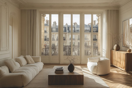 A photo of an open door leading to the living room, with a parquet floor and walls painted in pure white. The space is filled with natural light from large windows showing Parisian buildings outside. There is modern furniture, such as armchairs in the style of Stephan KaÅ¡mÃ­r, a coffee table made of wood, and vases on top of a cabinet with abstract art paintings hanging above it. The overall style is minimalistic, with muted colors and warm tones. --ar 3:2 --stylize 750 --v 6.1 Job ID: adf722a1-e6d0-42e4-9d3d-3975bae72a68の素材