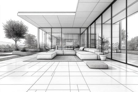 A simple line drawing of an interior design, showcasing the living room with modern furniture and glass walls. The perspective is from front to back, capturing details like sofa sets, potted plants, and floor-to-ceiling windows. Black lines on a white background. High resolution, high quality. --ar 3:2 --stylize 750 --v 6.1 Job ID: 899c2915-631e-4aca-b9ed-0fa8159fadb0の素材