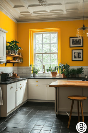 A small kitchen with white cabinets, black tiles on the floor, and walls painted in a yellow color. The ceiling is also painted in a light gray color. There's an island table with a wood top, gold legs, and some plants. A window behind it shines bright sunlight inside. On one side of the room, there's a wall shelf for decorative items. In front of each countertop stand barstools with wooden seats. There are some framed pictures hanging above or near to add a more personal touch. --ar 2:3 --stylize 750 --v 6.1 Job ID: 2a2ac17f-1259-4036-b46c-84baf295871aの素材