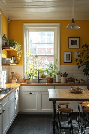 A small kitchen with white cabinets, black tiles on the floor, and walls painted in a yellow color. The ceiling is also painted in a light gray color. There's an island table with a wood top, gold legs, and some plants. A window behind it shines bright sunlight inside. On one side of the room, there's a wall shelf for decorative items. In front of each countertop stand barstools with wooden seats. There are some framed pictures hanging above or near to add a more personal touch. --ar 2:3 --stylize 750 --v 6.1 Job ID: 2a2ac17f-1259-4036-b46c-84baf295871aの素材