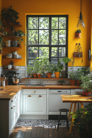 A small kitchen with white cabinets, black tiles on the floor, and walls painted in a sunny yellow hue. A small dining table with gold legs and a wooden top sits in the center, surrounded by potted plants. The room is filled with natural light from the windows and bright interior lighting, and wooden shelves provide ample storage space. --ar 2:3 --stylize 750 --v 6.1 Job ID: f910cf0b-91e2-4eb9-9bcd-5e69be9f8756の素材