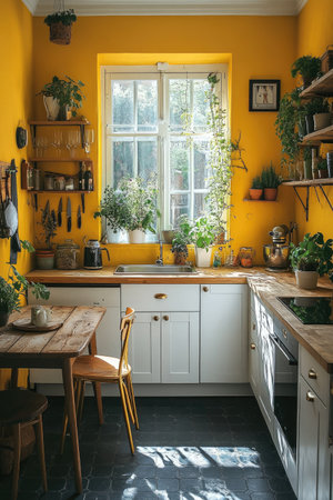 A small kitchen with white cabinets, black tiles on the floor, and walls painted in a sunny yellow hue. A small dining table with gold legs and a wooden top sits in the center, surrounded by potted plants. The room is filled with natural light from the windows and bright interior lighting, and wooden shelves provide ample storage space. --ar 2:3 --stylize 750 --v 6.1 Job ID: f910cf0b-91e2-4eb9-9bcd-5e69be9f8756の素材