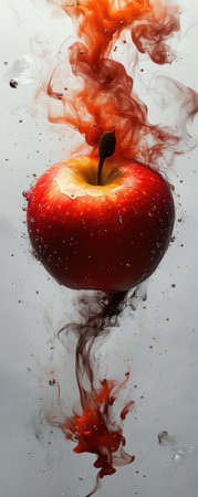 A vertical AI illustration of an apple suspended in smoke, designed to showcase the fruit's shape and texture against a gray background, creating a visually striking composition for product packaging or advertising purposes in the style of the artist. --ar 2:5 --stylize 750 --v 6.1 Job ID: 0cfa48a5-f0d1-47eb-8f5b-ce2866c9b3f7の素材
