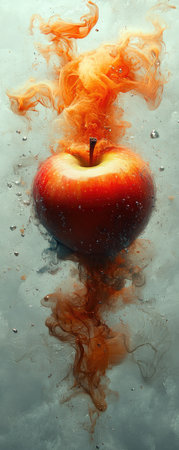 A vertical AI illustration of an apple suspended in smoke, designed to showcase the fruit's shape and texture against a gray background, creating a visually striking composition for product packaging or advertising purposes in the style of the artist. --ar 2:5 --stylize 750 --v 6.1 Job ID: 0cfa48a5-f0d1-47eb-8f5b-ce2866c9b3f7の素材