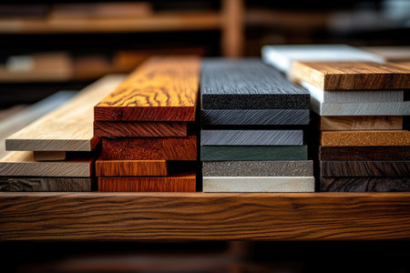 A variety of different wood samples and material samples, including plywood, thick board panels, thin board panels, gray and white boards, blackboard samples, all placed on the table for printing using professional equipment. Close-up photo. --ar 3:2 --stylize 750 --v 6.1 Job ID: 23e50f5e-ee68-4a5e-a6a1-d64f80f7c965の素材