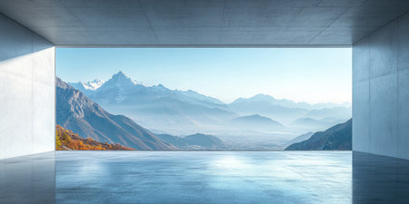 Abstract white concrete room with a mountain view through the door, a panoramic window. This serves as a background for presentations and the design of an empty space. --ar 2:1 --stylize 750 --v 6.1 Job ID: 47f50822-df7a-48cf-a625-40849bd1bcb8の素材