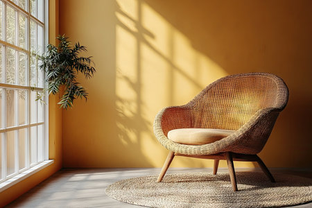 Beige wall with an empty space for text or art, accompanied by a wooden chair in the foreground. The background is a solid color, providing a clean and minimalistic backdrop suitable for showcasing products or featuring creative designs. A warm, neutral tone adds warmth to your design projects. --ar 3:2 --stylize 750 --v 6.1 Job ID: db9b82a1-864b-444f-ae70-f1ded36cc068の素材