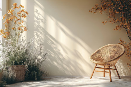 Beige wall with an empty space for text or art, accompanied by a wooden chair in the foreground. The background is a solid color, providing a clean and minimalistic backdrop suitable for showcasing products or featuring creative designs. A warm, neutral tone adds warmth to your design projects. --ar 3:2 --stylize 750 --v 6.1 Job ID: db9b82a1-864b-444f-ae70-f1ded36cc068の素材