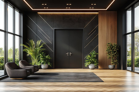 Black wall with a geometric white line design, wooden floor, and a glass door in a modern office interior, mockup. --ar 3:2 --stylize 750 --v 6.1 Job ID: eeb4fd24-03f1-44d9-b99d-faa1f731cee2の素材