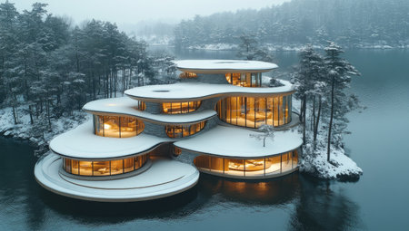 Aerial view of a modern house on an island in the middle of a lake, covered with snow and surrounded by pine trees. The architecture is minimalist yet unique, featuring circular shapes and multiple levels that create a sense of dynamism. It's illuminated from within, casting warm light onto its surroundings. In winter, there's no one around, emphasizing the solitude against nature's beauty. --ar 53:30 --stylize 750 --v 6.1 Job ID: 24bbf8ca-1f39-4a18-abf0-e016a8ed96f5の素材