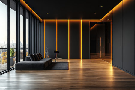 Black wall with a geometric white line design, an office interior with a wooden floor and a glass door on the left side, a concept with copy space. 3D rendering. --ar 3:2 --stylize 750 --v 6.1 Job ID: 8ac977b7-30b4-4a78-8776-efd029d6db08の素材