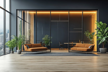 Black wall with a geometric white line design, an office interior with a wooden floor and a glass door on the left side, a concept with copy space. 3D rendering. --ar 3:2 --stylize 750 --v 6.1 Job ID: 8ac977b7-30b4-4a78-8776-efd029d6db08の素材