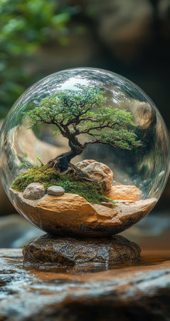 Crystal sphere with a bonsai tree inside, detailed photography capturing the perfect moment, ultra-realistic photography. --ar 8:15 --stylize 750 --v 6.1 Job ID: bfe248d8-bbb6-49ee-b7ab-c4d58004dfefの素材
