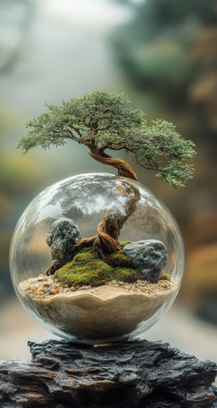Crystal sphere with a bonsai tree inside, detailed photography capturing the perfect moment, ultra-realistic photography. --ar 8:15 --stylize 750 --v 6.1 Job ID: bfe248d8-bbb6-49ee-b7ab-c4d58004dfefの素材