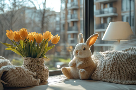 Easter-themed, bright living room with spring decor and Easter decorations, large windows, Scandinavian-style furniture, a white lamp on the table, yellow tulips in a vase, wooden floor, small bunny figurines around, soft lighting from sunlight through the glass panes, a modern apartment building outside the window, a white sofa near a chair, a peaceful atmosphere, Easter morning. --ar 3:2 --stylize 750 --v 6.1 Job ID: 8c4ed1e5-851d-4aea-b9d9-4647bb24bc74の素材