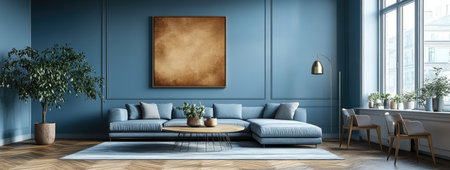 Design an elegant and minimalistic living room mockup with light blue walls, parquet flooring, pendant lighting, wooden wall art on the left side of the frame, a dining table in front of it, chairs around, contemporary furniture and decor, a neutral color palette for the background, and a view into another part of the home interior design. --ar 79:30 --stylize 750 --v 6.1 Job ID: bf112871-7ed2-47d8-bd52-71192d2e33a0の素材