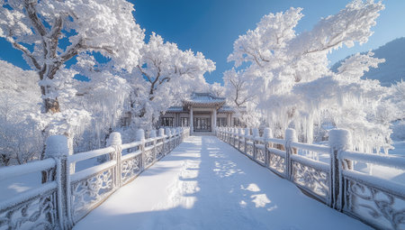 In winter, the sky is blue and clear, with many trees covered in white snow on both sides of an outdoor villa building. The tree trunks have dense frost flowers that look like ice crystals or icicles hanging from their branches. It's a surreal scene captured by National Geographic photographer Miki Asai, using a Nikon D850 camera with high resolution. In raw format, it creates stunning images. --ar 53:30 --stylize 750 --v 6.1 Job ID: 17d7c1df-d8ac-4480-878f-1ed839abcd0dの素材