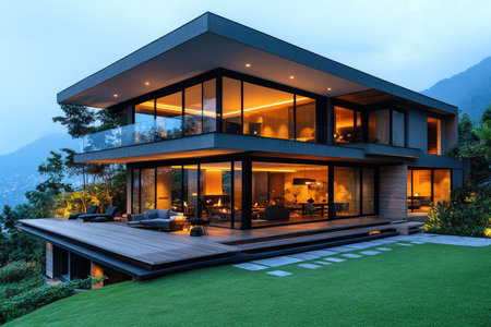 Modern house with a wooden floor, glass walls, and an open balcony on the side of an outdoor lawn area, overlooking the view. Interior design magazine style, architectural photography, interior photography, modern architecture, clean and simple designs, ultra-high definition images, minimalist design. --ar 3:2 --stylize 750 --v 6.1 Job ID: 6d11f2cf-08fe-41c5-9169-739a234b643cの素材