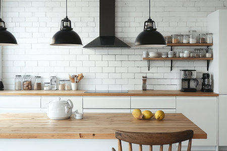 Minimalist Scandinavian kitchen with white cabinets, wooden countertops, and black pendant lights above the sink. White brick wall in the background. --ar 3:2 --stylize 750 --v 6.1 Job ID: 16733180-1856-443c-97e6-4ce93aebcd00の素材
