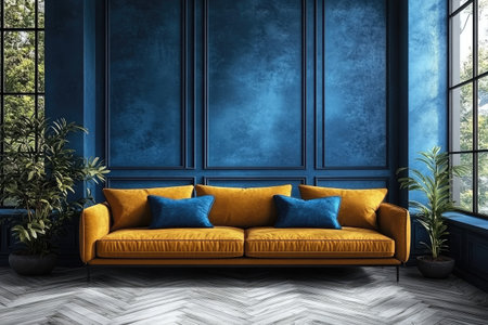 Modern interior design with a blue wall and sofa in a minimalist style, featuring a herringbone parquet floor, home decor, and decorative elements. This living room background serves as a mockup photo, captured with a Nikon D850 DSLR camera. --ar 3:2 --stylize 750 --v 6.1 Job ID: f06ce130-0574-45f1-9ea4-c255265155d2の素材