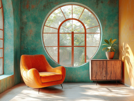 Modern interior design with colorful walls and round window frames, with an armchair in the foreground and large windows on one side of it. The room is bathed in sunlight from outside through tall glass doors. A small plant sits next to a wooden cabinet under the windows. This image was created using C4D software. It features vibrant colors and a simple composition that emphasizes the beauty of modern home decor. --ar 4:3 --stylize 750 --v 6.1 Job ID: ced9e291-98da-4296-9ac0-2e984f8f30bcの素材