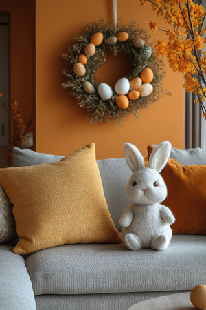 A modern living room with an orange wall, a light gray sofa, and some yellow pillows on it. There is also a small table next to the couch. There's a cute little rabbit doll standing in front of the end coffee table. There was a round wreath hanging above its head, and several eggs inside the wreath. The room has warm lighting and natural light, with a professional photography style. --ar 2:3 --stylize 750 --v 6.1 Job ID: a6c3dcaa-27f6-422f-ab5d-16dbebe4f1c5の素材