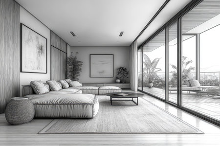 A simple line drawing of an interior design sketch depicting the living room, in a modern style with large glass windows and contemporary furniture, with black lines on a white background. The space is spacious, with natural light pouring in from outside, creating a warm atmosphere. A comfortable sofa and stylish coffee table add to its inviting ambiance. There is also a potted plant, adding life to the scene. It evokes feelings of relaxation and comfort. --ar 3:2 --stylize 750 --v 6.1 Job ID: 48cc306b-84bd-4ab8-b83f-27eed7af6e96の素材