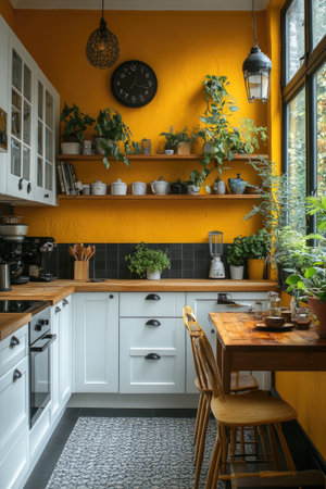 A small kitchen with white cabinets, black tiles on the floor, and walls painted in a sunny yellow hue. A small dining table with gold legs and a wooden top sits in the center, surrounded by potted plants. The room is filled with natural light from the windows and bright interior lighting, and wooden shelves provide ample storage space. --ar 2:3 --stylize 750 --v 6.1 Job ID: f910cf0b-91e2-4eb9-9bcd-5e69be9f8756の素材