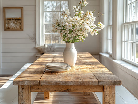 Modern dining room with a long wooden table and white bench, white walls, a window on the right side of the frame, flowers in a vase, a plate set on top of the table, sunlight coming through the windows, natural light, a cozy feel, warm tones, home decor photography, shot using a Hasselblad X2D camera, a wide-angle lens, and high-resolution film stock. --ar 4:3 --stylize 750 --v 6.1 Job ID: a4576789-c920-441c-b85b-83d5a247662dの素材