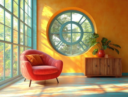 Modern interior design with colorful walls and round window frames, with an armchair in the foreground and large windows on one side of it. The room is bathed in sunlight from outside through tall glass doors. A small plant sits next to a wooden cabinet under the windows. This image was created using C4D software. It features vibrant colors and a simple composition that emphasizes the beauty of modern home decor. --ar 4:3 --stylize 750 --v 6.1 Job ID: ced9e291-98da-4296-9ac0-2e984f8f30bcの素材
